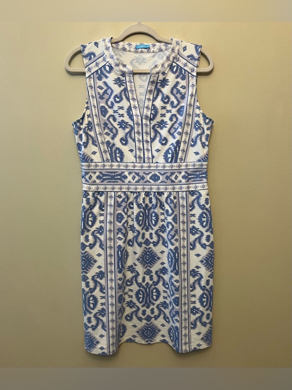J. McLaughlin Sheath Dress Women's Size Large Blue White Ikat Print Resortwear